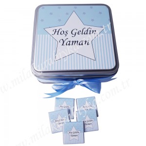 Yıldız Temalı Çikolata-Mavi - Beyaz -Metal Kutu - 50'li